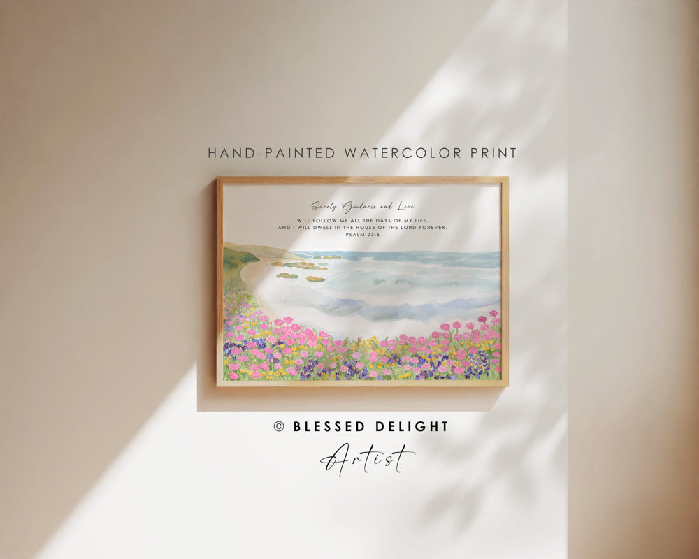 Coastal Wildflower Watercolor Landscape, Christian Art Print