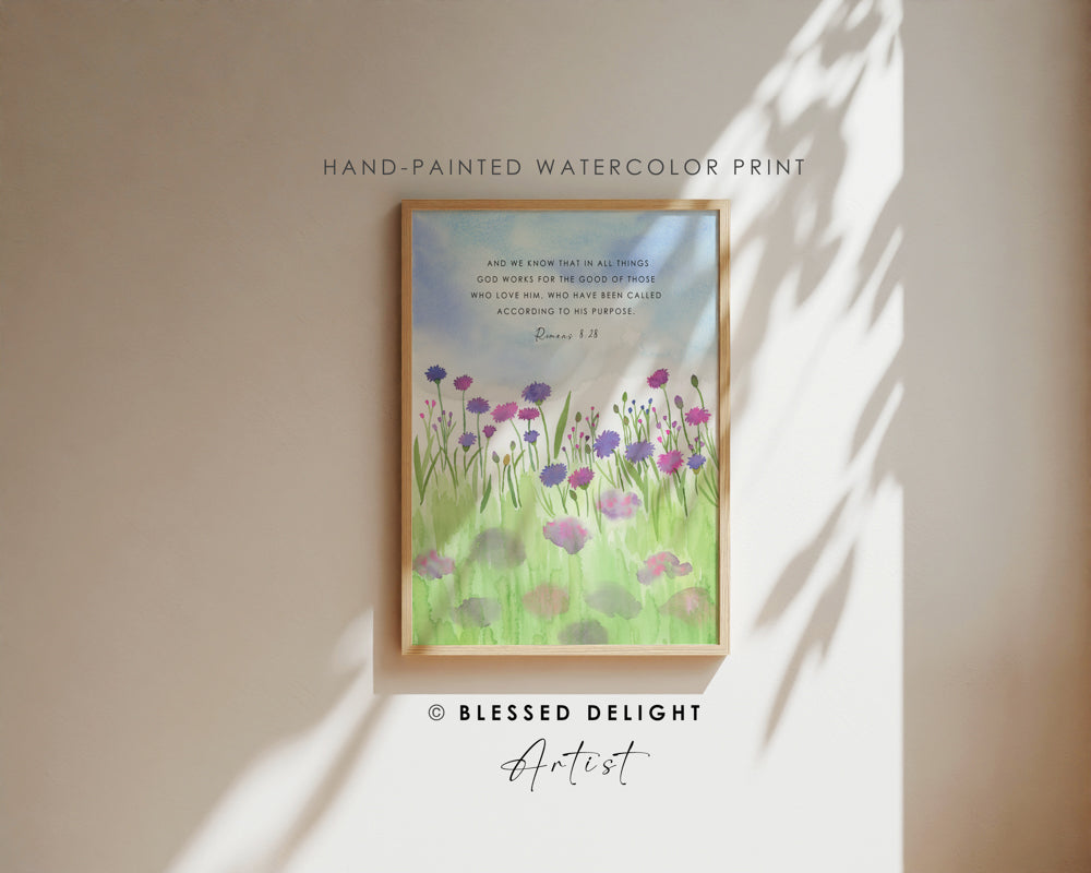 Cornflowers Watercolor Landscape - Romans 8:28 Christian Art Print