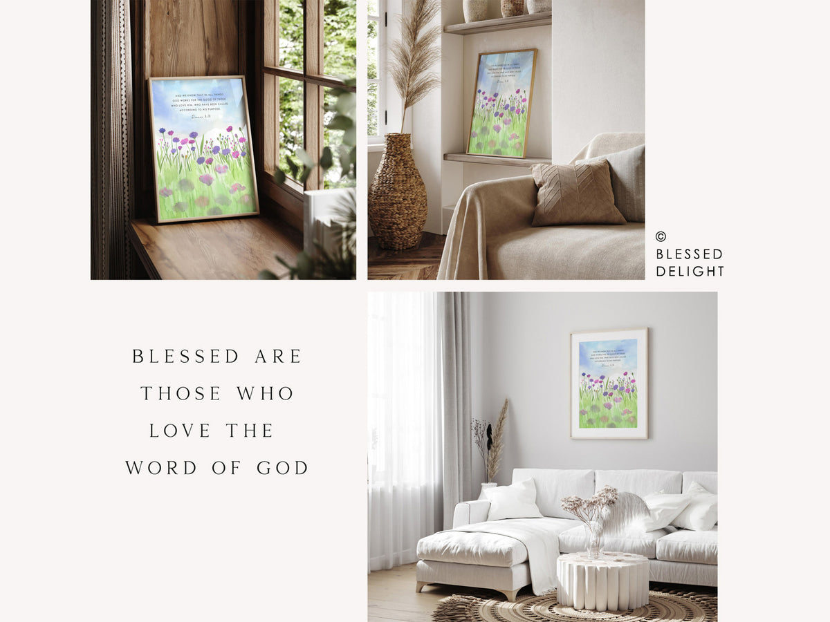 Cornflowers Watercolor Landscape - Romans 8:28 Christian Art Print